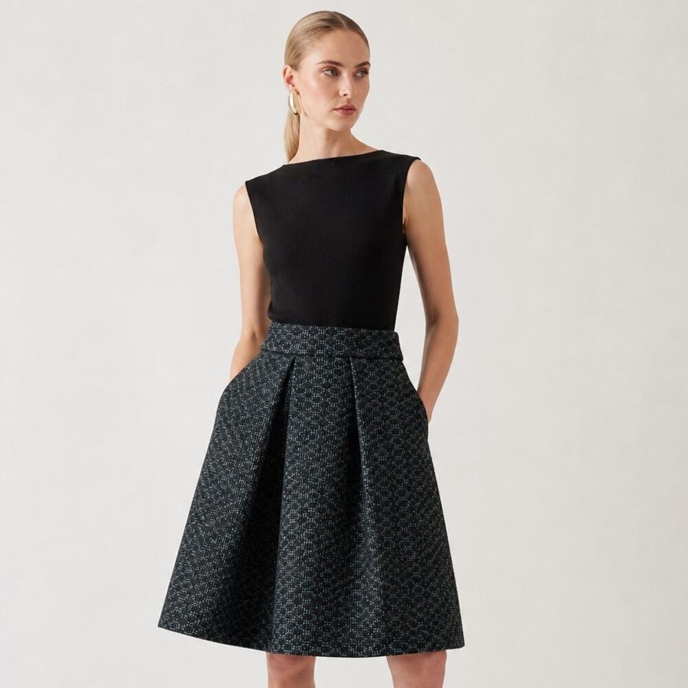 Karen Millen Black Bodice with Dark Patterned A-Line Skirt